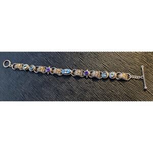 Vtg 925 Sterling Silver Blue & Purple Gemstone Etruscan Design Toggle Bracelet